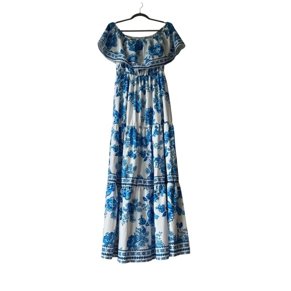 SHEIN Blue White Floral Off Shoulder Maxi Dress Size L Boho Tiered Ruffle Hem - Picture 11 of 11
